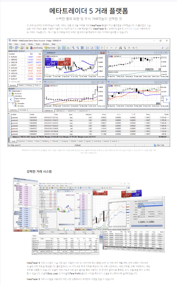 MetaTrader 5 거래 플랫폼 화면: 시세·차트·원클릭 매매·강력한 거래 시스템